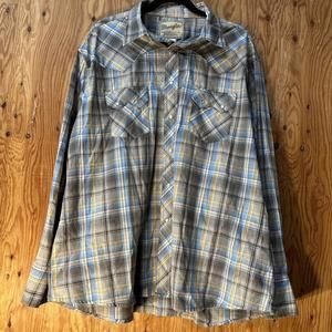 Wrangler Yellow Blue Plaid Pearl Snap Long Sleeve Western Shirt 2XL XXG WM889GY